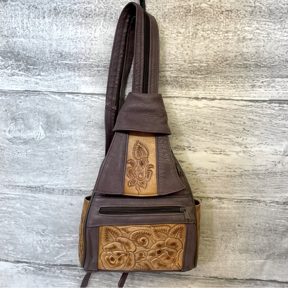 Tooled Leather Backpack Boho Western Mini Bag Purse Satchel VTG Purple Tan